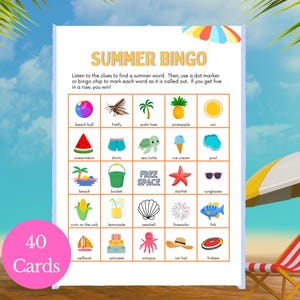 Summer Bingo Cards Printable PDF| 40 Unique Bingo Game & Calling Cards| Summer Bingo Game for Kids| Summer Activity| Summer Vacation Bingo