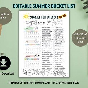 Summer Bucket List for Kids: Fun Summer Activity Calendar, Summer Editable Bucket List, Kids Summer Bucket List, Digital Download