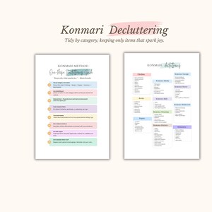 K&ouml;nnte beinhalten: Zwei wei&szlig;e Seiten mit Text auf cremefarbenem Hintergrund. Die obere Seite ist ein Leitfaden zum Entr&uuml;mpeln mit Aufz&auml;hlungspunkten. Die zweite Seite listet Kategorien zum Entr&uuml;mpeln auf. Der Titel lautet "Konmari Decluttering".