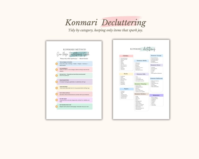 K&ouml;nnte beinhalten: Zwei wei&szlig;e Seiten mit Text auf cremefarbenem Hintergrund. Die obere Seite ist ein Leitfaden zum Entr&uuml;mpeln mit Aufz&auml;hlungspunkten. Die zweite Seite listet Kategorien zum Entr&uuml;mpeln auf. Der Titel lautet "Konmari Decluttering".