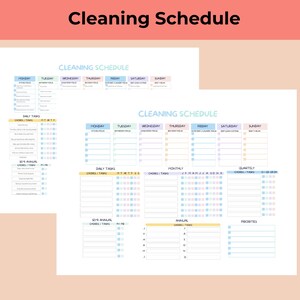 May include: Two printable cleaning schedule templates. The top of the image reads "Cleaning Schedule" in a bold, black font. The templates are in a pastel colour scheme, with sections for daily, monthly, quarterly, and annual tasks.