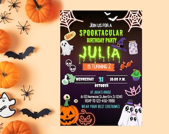 May include: Halloween birthday party invitation with the text "Join us for a Spooktacular Birthday Party" and "Julia is turning 2". The invitation features pumpkins, bats, spiders, and ghosts.
