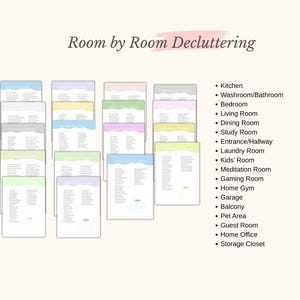 K&ouml;nnte beinhalten: Grafik mit dem Titel "Room by Room Decluttering" und einer Liste von R&auml;umen, darunter K&uuml;che, Schlafzimmer und Home Office. Mehrere Stapel farbiger Papiere sind sichtbar, jedes mit einer Artikelliste.