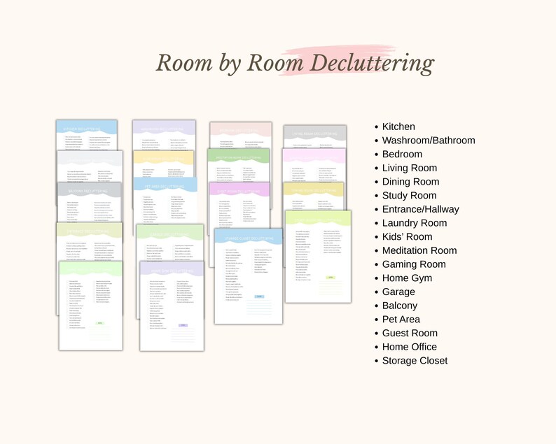 K&ouml;nnte beinhalten: Grafik mit dem Titel "Room by Room Decluttering" und einer Liste von R&auml;umen, darunter K&uuml;che, Schlafzimmer und Home Office. Mehrere Stapel farbiger Papiere sind sichtbar, jedes mit einer Artikelliste.