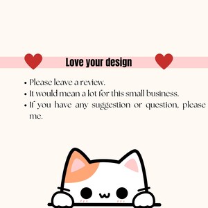 K&ouml;nnte beinhalten: Helle beige Grafik mit dem Text "Love your design" &uuml;ber einer Liste von Aufz&auml;hlungspunkten. Eine Cartoon-Katze lugt von unten hervor. Zwei rote Herzen flankieren den Text. Die Aufz&auml;hlungspunkte bitten um eine Bewertung und bieten Unterst&uuml;tzung.