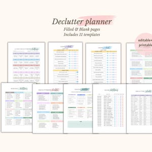 K&ouml;nnte beinhalten: Eine Sammlung druckbarer Entr&uuml;mpelungsplaner mit verschiedenen Layouts, darunter Checklisten und Zeitpl&auml;ne. Die Planer verf&uuml;gen &uuml;ber Pastellfarben und den Text "Declutter planner" mit dem Satz "Filled & Blank pages Includes 11 templates".