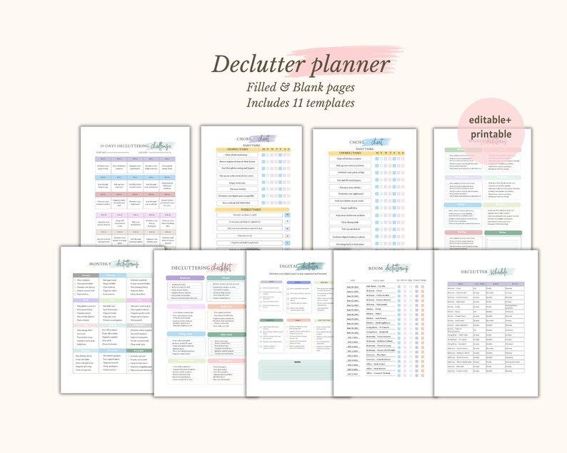 K&ouml;nnte beinhalten: Eine Sammlung druckbarer Entr&uuml;mpelungsplaner mit verschiedenen Layouts, darunter Checklisten und Zeitpl&auml;ne. Die Planer verf&uuml;gen &uuml;ber Pastellfarben und den Text "Declutter planner" mit dem Satz "Filled & Blank pages Includes 11 templates".
