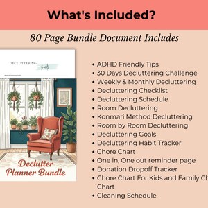 May include: Digital decluttering planner bundle featuring a room illustration with a red armchair. The text reads "Declutter Planner Bundle" and lists features like "ADHD Friendly Tips" and "30 Days Decluttering Challenge". Includes 80 pages.