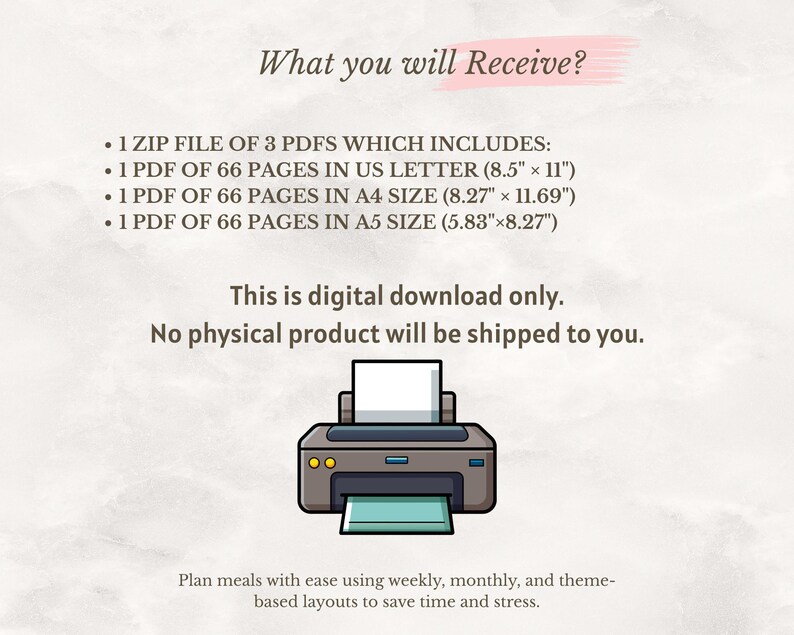 K&ouml;nnte beinhalten: Digitaler Download mit Essensplanungs-Layouts. Enth&auml;lt eine ZIP-Datei mit 3 PDFs: US Letter-Format (21,6 x 27,9 cm), A4-Format (21 x 29,7 cm) und A5-Format (14,8 x 21 cm). Die Abbildung zeigt eine Druckerillustration.