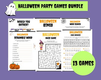 Halloween-spelpaket, Halloween-festspel, Halloween-trivia, utskrivbara Halloween-spel, Halloweenbingo, Halloween-aktivitet, familjelekar