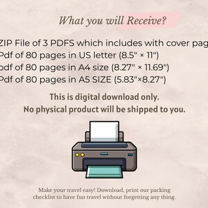 May include: Digital download graphic with text: "What you will Receive?" and details about a ZIP file with PDFs in US letter (8.5" x 11"), A4 (21 cm x 29.7 cm), and A5 sizes. An illustration of a printer is at the bottom. The text states, "This is digital download only."