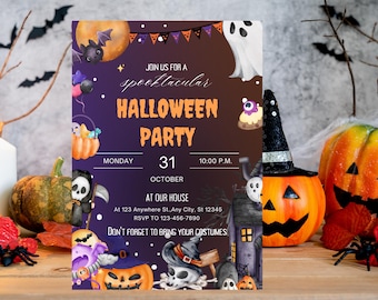 May include: A Halloween party invitation with a purple and orange gradient background. The invitation features illustrations of a bat, ghost, pumpkin, and other spooky elements. Text on the invitation reads "Join us for a spooktacular Halloween Party."