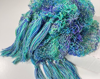 Aqua Blue/Green Scarf, Women's Lacy Fringed Lightweight Accessory, Handknit Gifts for Girlfriend