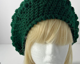 Crocheted Hat in Dark Emerald Green, Women's Slouchy Beanie, Handmade Gifts for Her, Cold Weather Accessories