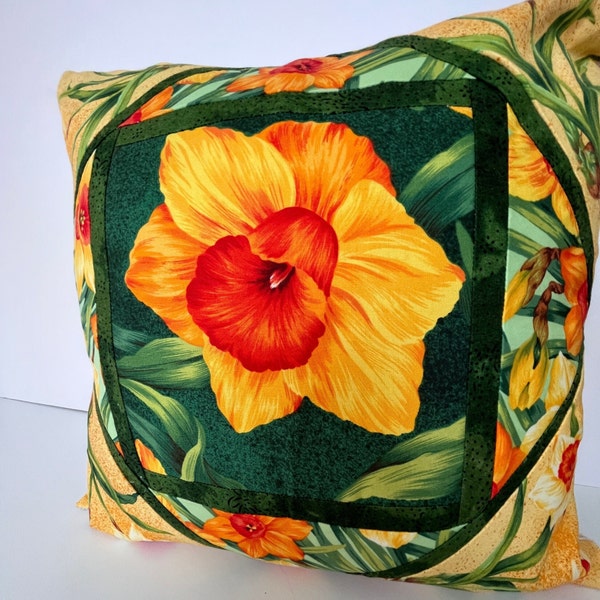 Vintage Quilted Pillow Sham | Daffodil Zippered Design | 15 X 15 Decorative Cushion Cover, Unique Housewarming Gift