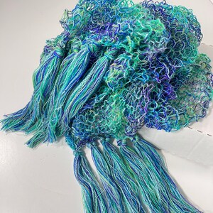 Aqua Blue/Green Scarf, Women's Lacy Fringed Lightweight Accessory, Handknit Gifts for Girlfriend image 1