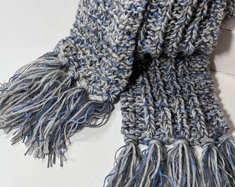 Blue Gray Long Knit Scarf, Reversible Fringed Winter Wear for Him or Her, Functional Fashion