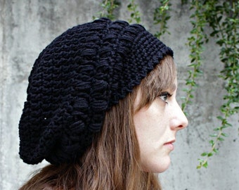 Slouchy Style Black Beanie with Bobble Style Border, Handmade Crocheted Hat, Cozy Winter Accessories, Gifts for Her