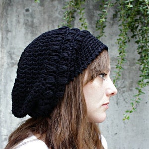 Slouchy Style Black Beanie with Bobble Style Border, Handmade Crocheted Hat, Cozy Winter Accessories, Gifts for Her