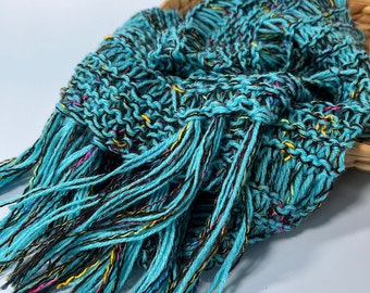 Vibrant Neon Flecked Scarf in Aqua/Black, Soft Acrylic Yarn, Warm and Lightweight, Perfect for Chilly Days, Thoughtful Birthday Gift