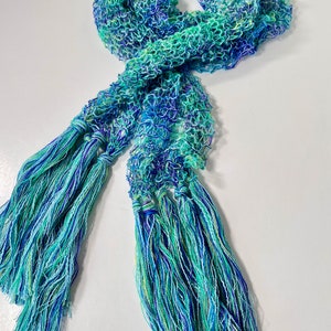 Aqua Blue/Green Scarf, Women's Lacy Fringed Lightweight Accessory, Handknit Gifts for Girlfriend image 10