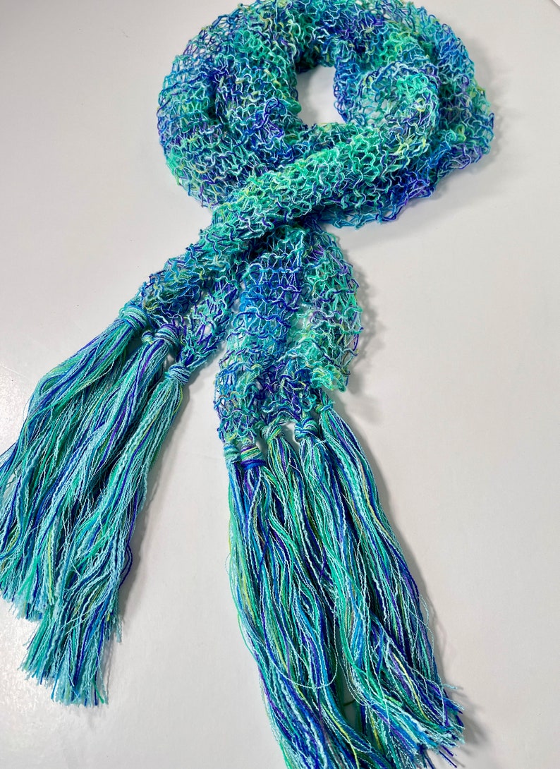 Aqua Blue/Green Scarf, Women's Lacy Fringed Lightweight Accessory, Handknit Gifts for Girlfriend image 10