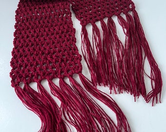 Dark Burgundy Scarf, Crocheted Muffler with Fringe, Unisex Neck Warmer, Cold Weather Accessories