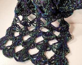 Chic Black Crocheted Scarf with Colorful Flecks, Soft Acrylic Wrap for Fashion & Warmth, Unique Gift for Her