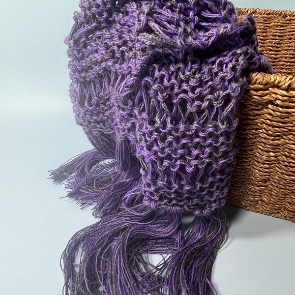OOAK Drop Stitch Knit Scarf, Purple and Gray Blend, Elegant Fringe Accessory, Perfect Handcrafted Gift for Mom