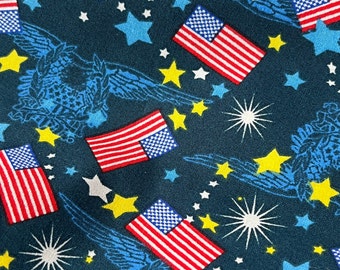 Flags Stars & Fireworks,  July 4th Print Fabric, Navy Blue Quilting Cotton, Fabric by the Yard, Gift for Quilters