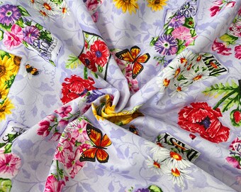 Floral Quilting Cotton with Seed Packets and Flower Design, Bees & Butterflies, , Fabric by the Yard, Gift for Gardeners