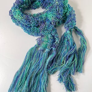 Aqua Blue/Green Scarf, Women's Lacy Fringed Lightweight Accessory, Handknit Gifts for Girlfriend image 6