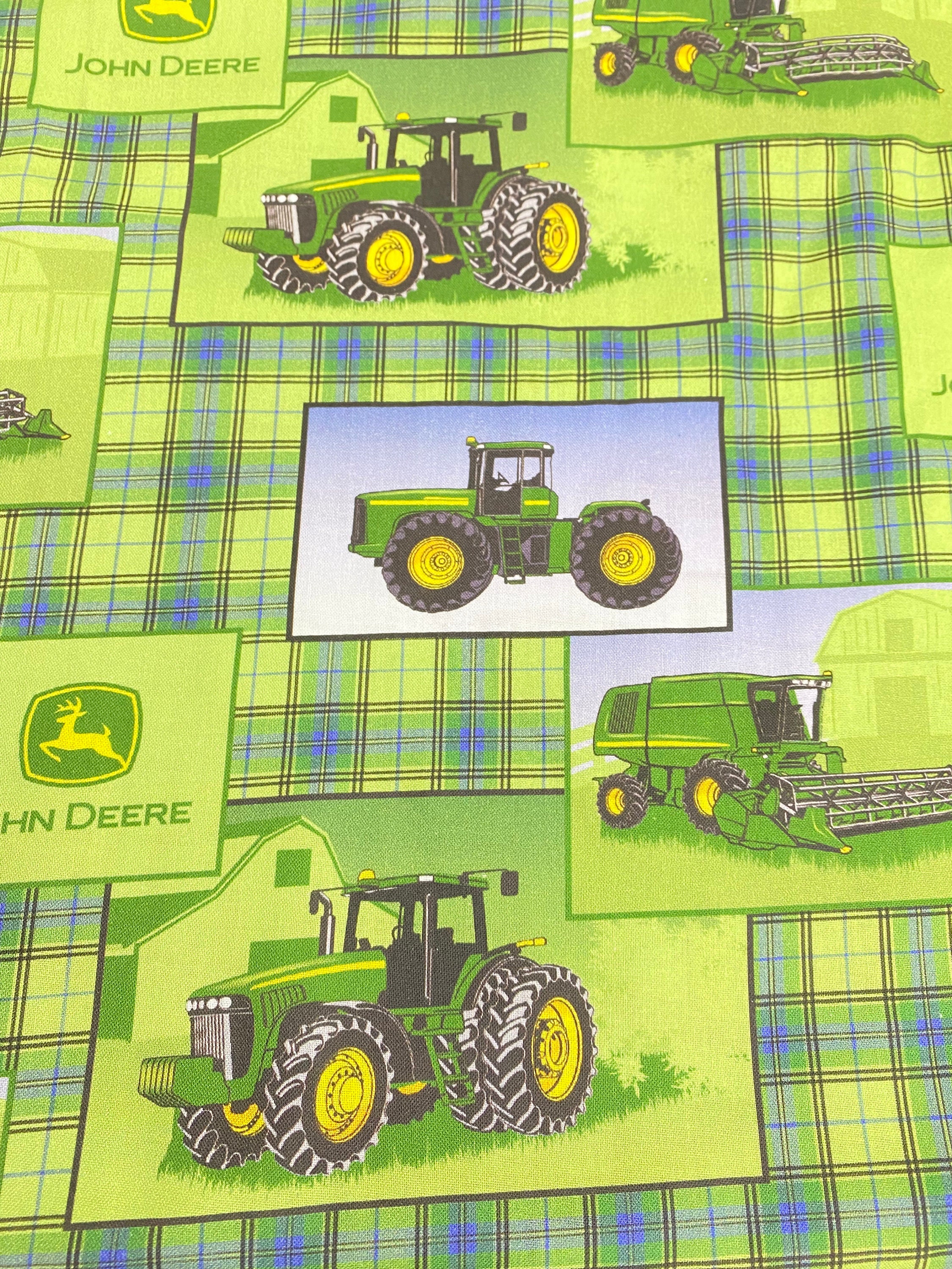 Tractor Print Fabric John Deere Quilting Fabric Green Plaid Etsy