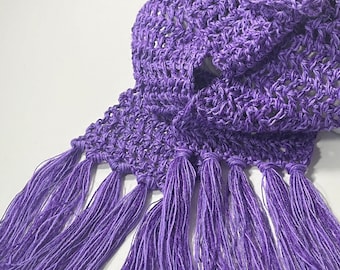 Boho Chic Long Purple Scarf, Hand-Crocheted with Fringe, Cozy Fashion Statement, Thoughtful Birthday Gift
