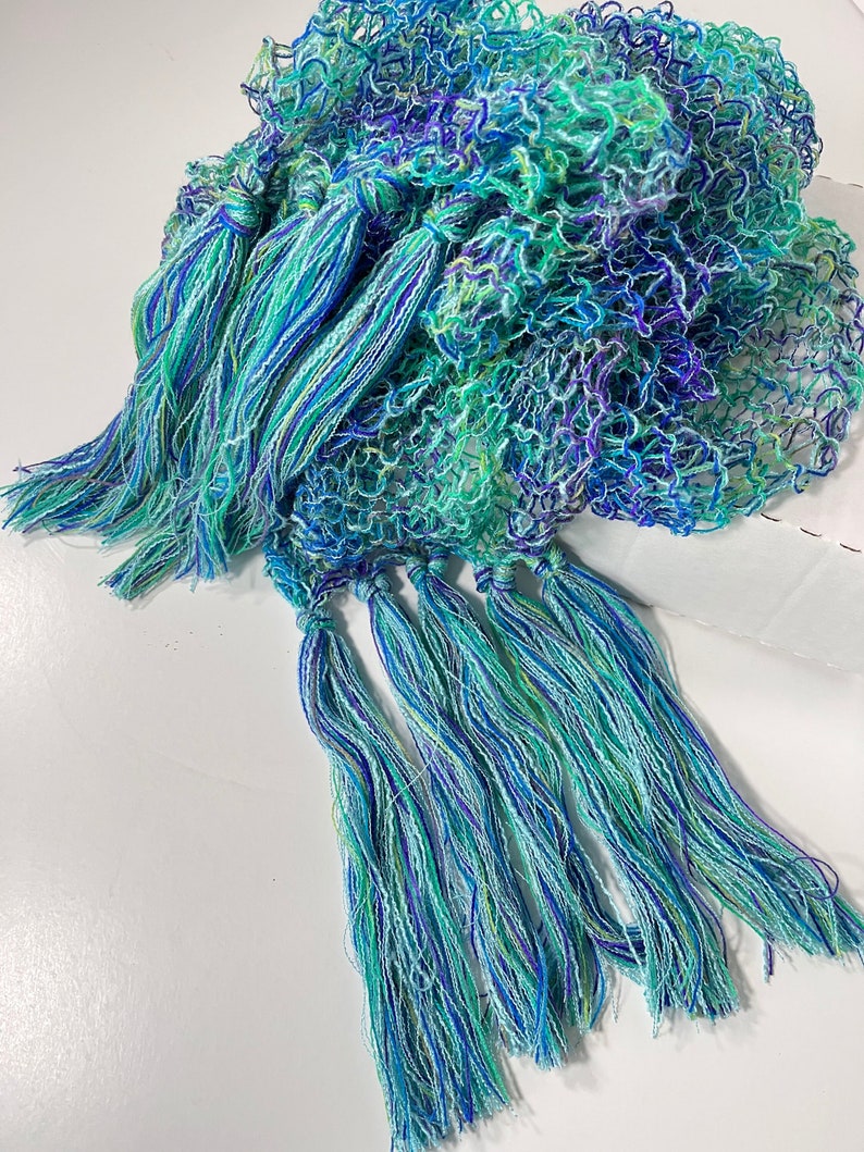 Aqua Blue/Green Scarf, Women's Lacy Fringed Lightweight Accessory, Handknit Gifts for Girlfriend image 1