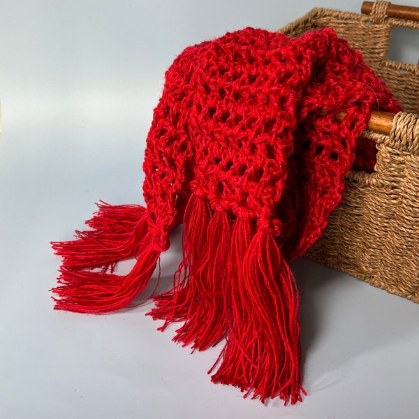 Chic Red Crocheted Scarf with Lush Fringe, Lightweight Acrylic, Unique Openwork Pattern, Cozy Neck Warmer, Great Mother's Day Gift