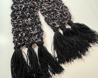 Chunky Crochet Scarf - Black & Gray with Tassels, Cozy Winter Accessory, Perfect Unisex Gift