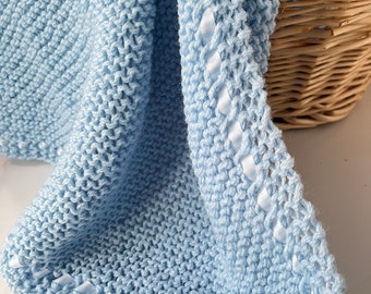 Blanket for Car Seat and Stroller, Baby Shower or New Mom Gift, Handknit Blue Blanket