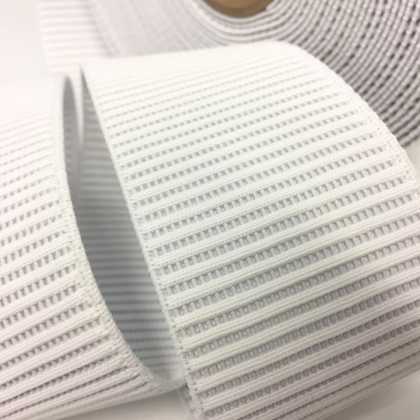 White Non-Roll Waistband Elastic, 2" Wide Ribbed Texture, Quality Sewing Supply for Dressmaking & Alterations, By-the-Yard Craft Gift