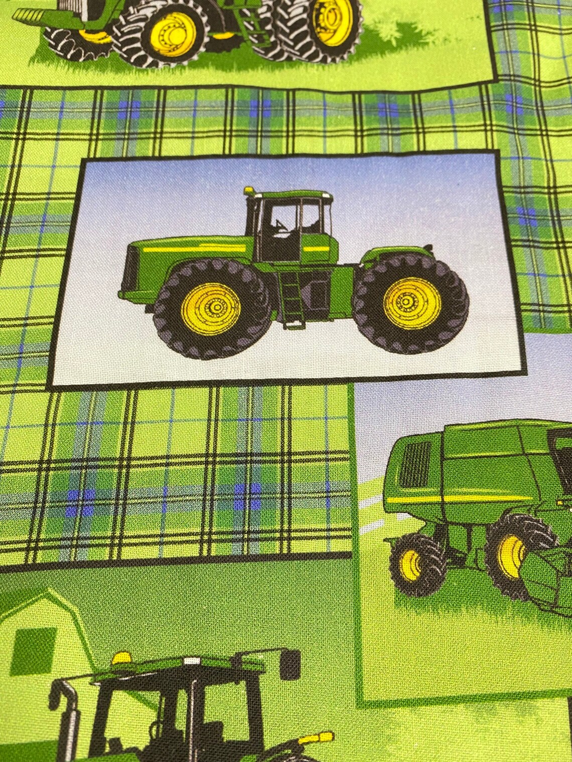 Tractor Print Fabric John Deere Quilting Fabric Green Plaid Etsy
