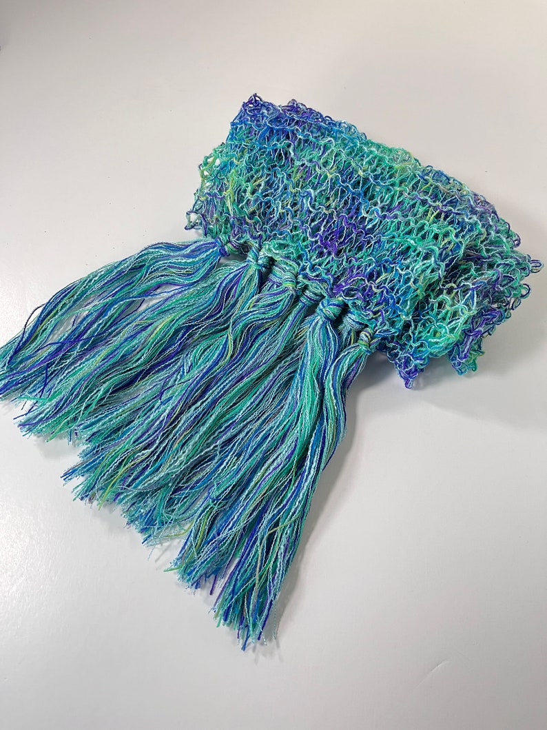 Aqua Blue/Green Scarf, Women's Lacy Fringed Lightweight Accessory, Handknit Gifts for Girlfriend image 5