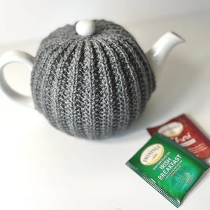 Handknit Dark Gray Tea Cozy. Stretchy Fit for Multiple Sized Teapots, Kitchen Decor