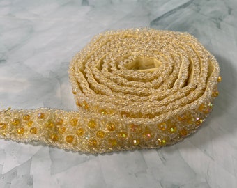 Vintage Beaded Trim | Handmade Yellow & Gold Sequins | 1.5" Wide Decorative Ribbon for Crafting | Unique Gift for Sewers
