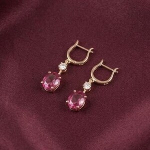 Vivid Pink Ruby & Diamond Drop Earrings 14K Gold Plated Occasional Jewelry Gift For Her
