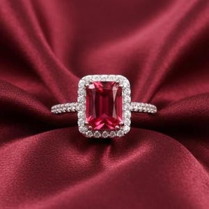 May include: A silver ring with a rectangular, deep red gemstone, surrounded by a halo of smaller, clear stones. The ring rests on a deep red satin fabric, creating a luxurious feel.