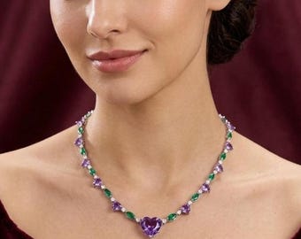 Vivid Heart Amethyst & Marquise Emerald Garland Necklace 14K Gold Plated Wedding Jewelry