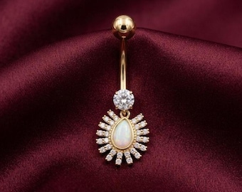 Celestial Fire Opal & Diamond/Moissanite 14K Gold Plated Belly Ring Navel Jewelry