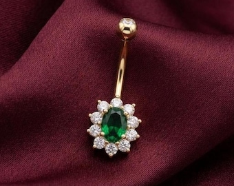 Enchanted Green Emerald & Diamond 14K Gold Plated Belly Ring Navel Jewelry