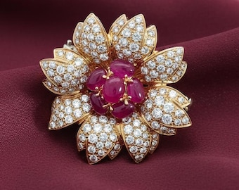 Broche de rubí y diamantes en flor de lujo, chapado en oro de 14 quilates, regalo de boda para ella