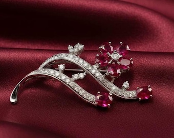 Broche floral de diamantes y rubíes para mujer, chapado en oro de 14 quilates, regalo de joyería de boda para ella